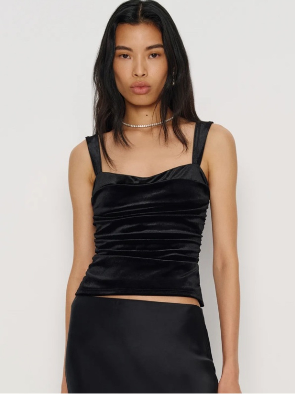 Reformation Trish Knit Top Black Velvet Ruched Cami Top